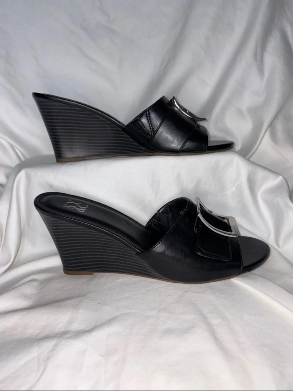 New York & Company Black Wedge Slide Sandals with Silver Buckle Sz 11